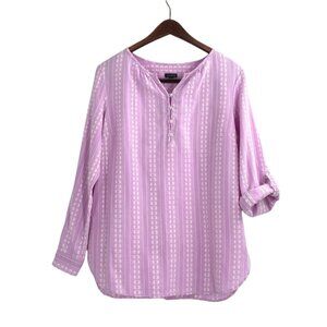 Talbots Womens Medium 3/4 Sleeve Henley Blouse Purple Embroidered Floral Stripe
